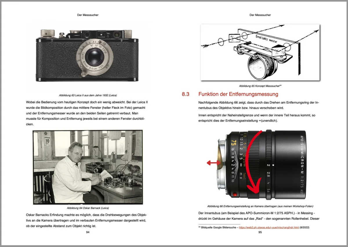 Doppelseite aus Leica M11 eBook mit historischen Kameraabbildungen, Funktionserklärung der Entfernungsmessung und technischen