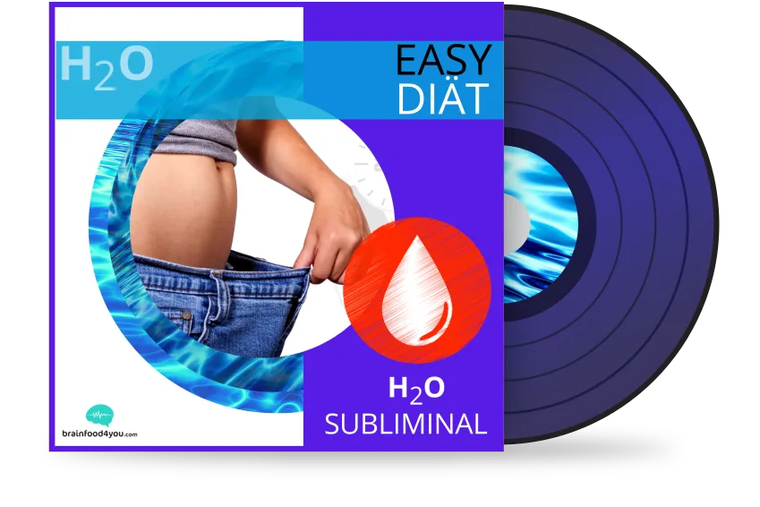 H2O Easy Diät Subliminal Album Cover Mockup mit Frauenkörper und blauem Wasser-Effekt auf violettem Hintergrund