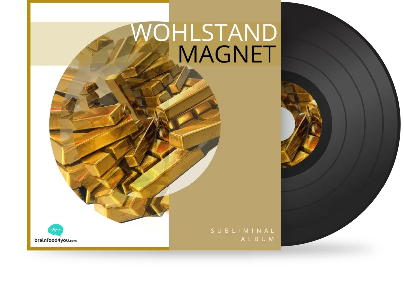 Wohlstand Magnet Subliminal Album Cover Mockup mit Goldbarren und Schallplatte auf beigem Hintergrund