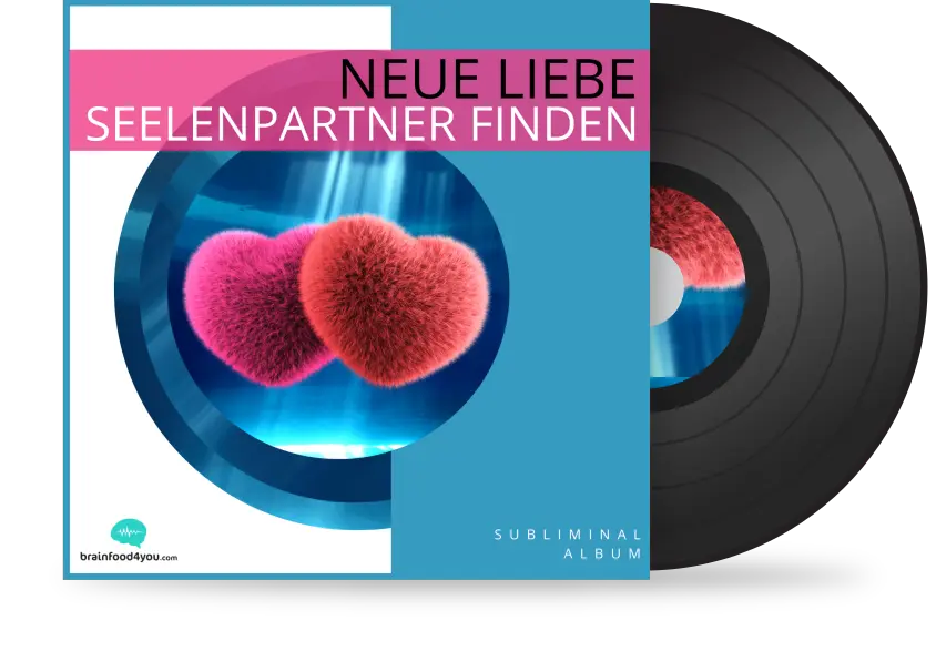 Neue Liebe Seelenpartner Finden Subliminal Album Cover Mockup mit rosa Herzen auf blauem Hintergrund
