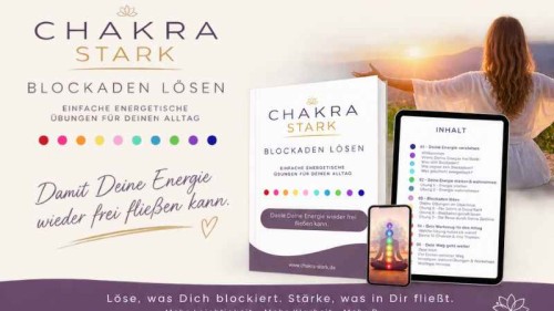 Chakra Stark Blockaden lösen – Produktmockup mit Workbook, Smartphone und Tablet in Szene