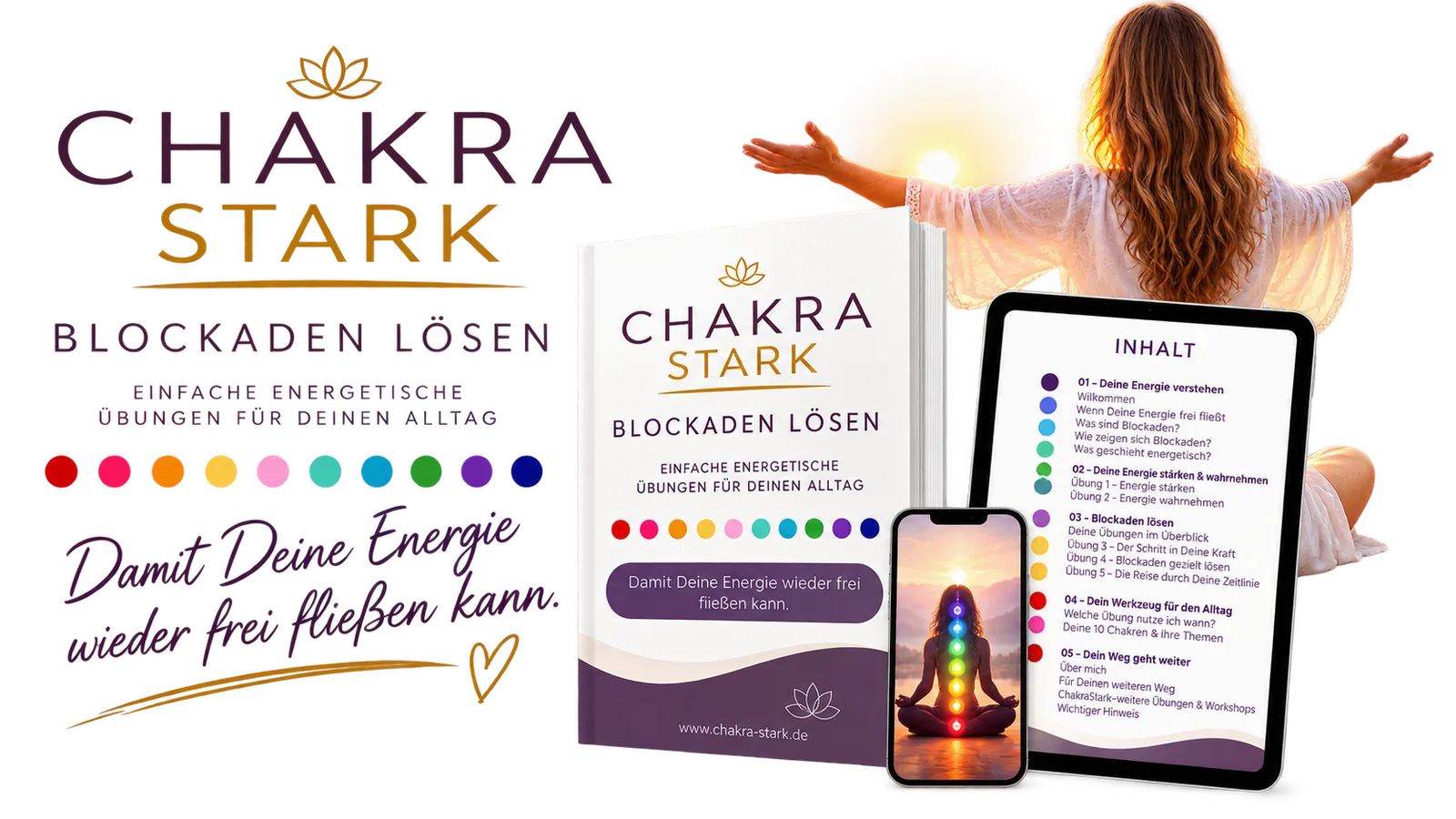 Chakra Stark Blockaden lösen – Großformat Produktmockup mit Frau, Workbook, Smartphone und Tablet
