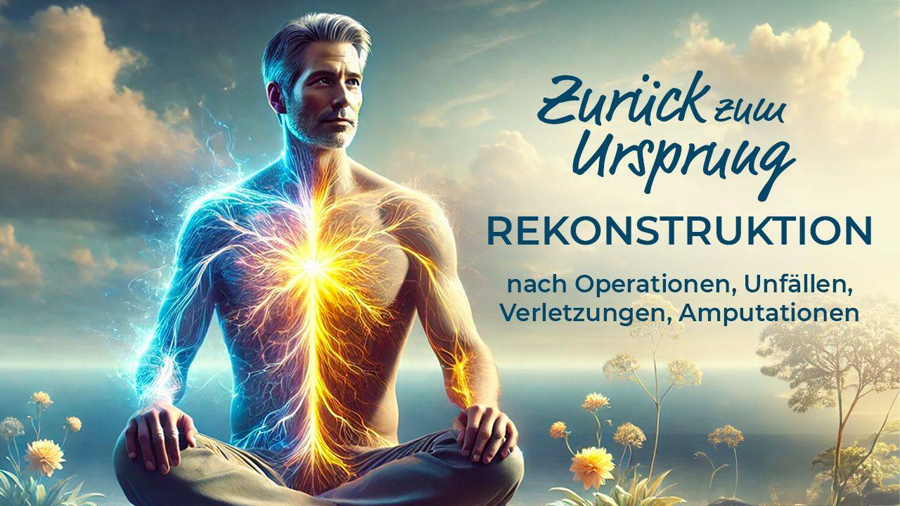 Zurück zum Ursprung – Videokurs energetische Heilung 1 Meditierender Mann mit leuchtender Körperenergie vor Himmel und Blumenfeld, Text Zurück zum Ursprung Rekonstruktion