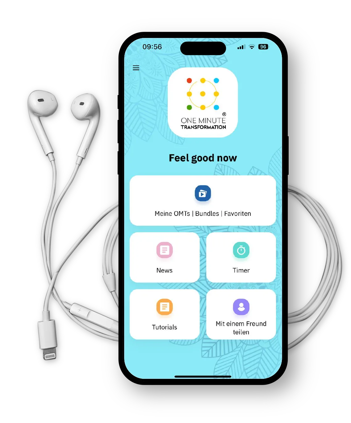 Smartphone-Mockup mit One Minute Transformation App auf dem Display