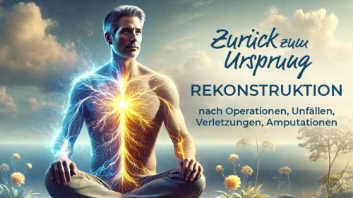 Zurück zum Ursprung – Videokurs zur Energiearbeit 1 Thumbnail meditierender Mann mit leuchtender Körperenergievisualisierung, Kursthema Rekonstruktion