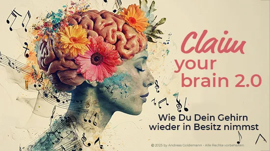 Frauenkopf mit buntem Gehirn und Blumen, Claim Your Brain 2.0 Kurs