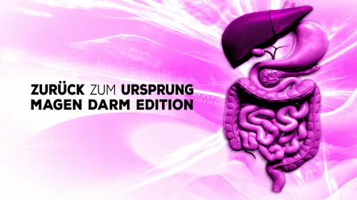Magenta-pinkes Heroinnen-Illustration mit Text zum Magen-Darm-Kurs