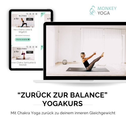 Mockup des Yoga-Onlinekurses Zurück zur Balance von Monkey Yoga mit Tablet und Monitor-Darstellung
