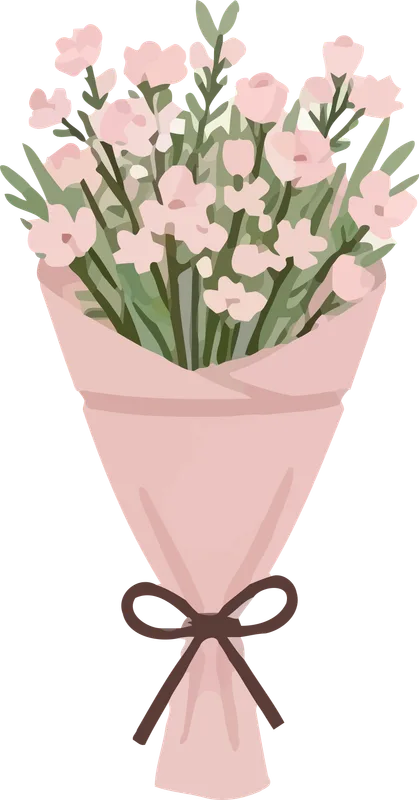 Bukett mit rosa Blüten und grünen Stielen in rosa Verpackung