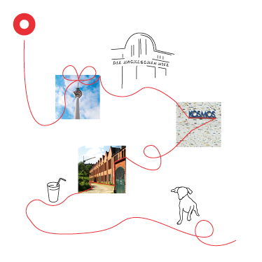 Illustration "Geschenkgutschein" mit Fotos und gezeichnetem Weg