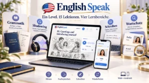 Illustrative Produktdarstellung des digitalen Kurses English Speak: ein Level mit 15 Lektionen und den vier Lernbereichen Grammatik, Shadowing, Schreiben und Wortschatz, genutzt am Laptop und am Smartphone
