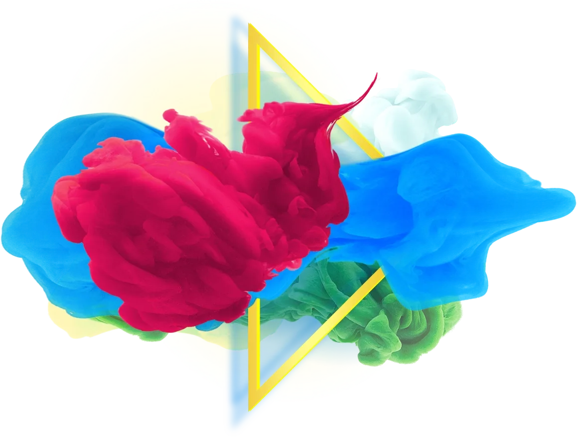 Abstraktes Dekorelement mit rosa Farbwolke, blauen Flächen und gelben Dreiecken