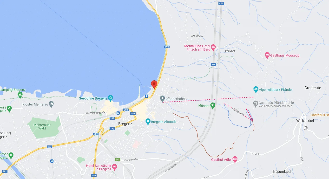 Karte von Bregenz am Bodensee mit markierten Orten und Straßen