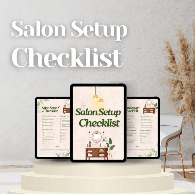 10 Deko-Hacks, die Kundinnen fotografieren wollen – Studio-E-Book 4 Salon Setup Checklist E-Book Mockup auf drei Tablets mit Pampas-Gras und Stuhl