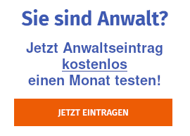 Werbebanner für kostenlosen Anwaltseintrag auf JuraForum.de mit Testmonat-Angebot