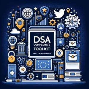 DSA Compliance Toolkit für kleine und Mikrounternehmen mit Symbolen zu Datenschutz, Sicherheit und digitalen Diensten