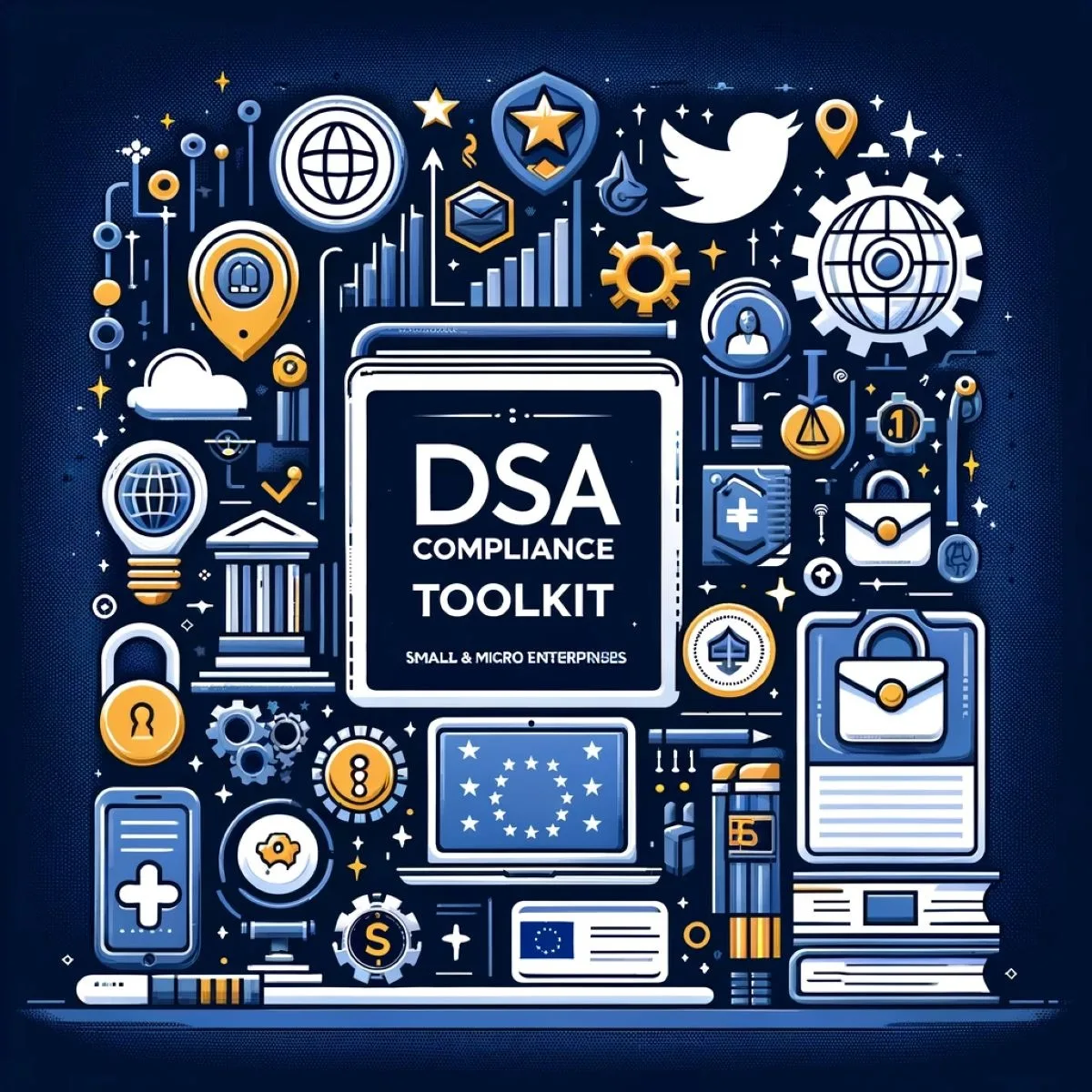 DSA Compliance Toolkit für kleine und Mikrounternehmen mit Symbolen zu Datenschutz, Sicherheit und digitalen Diensten