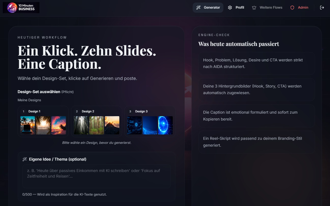 10 Minuten Business Affiliate-System Interface mit Design-Generator und Engine-Check für automatische Content-Erstellung