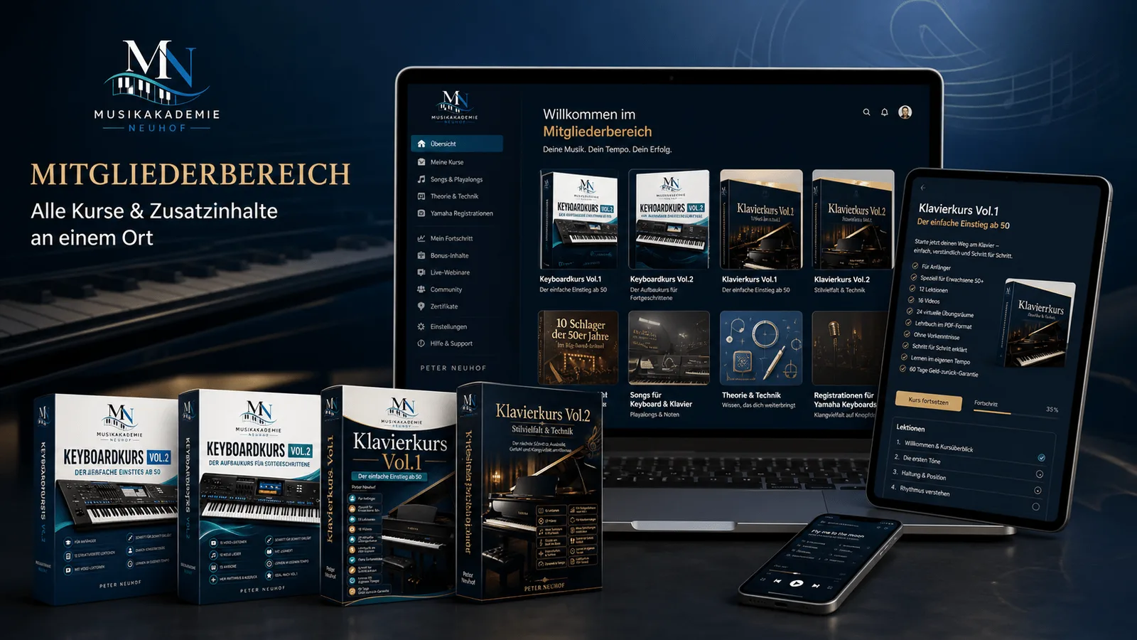 Mitgliederbereich der Musikakademie Neuhof mit Kursübersicht auf Desktop und Mobilgeräten