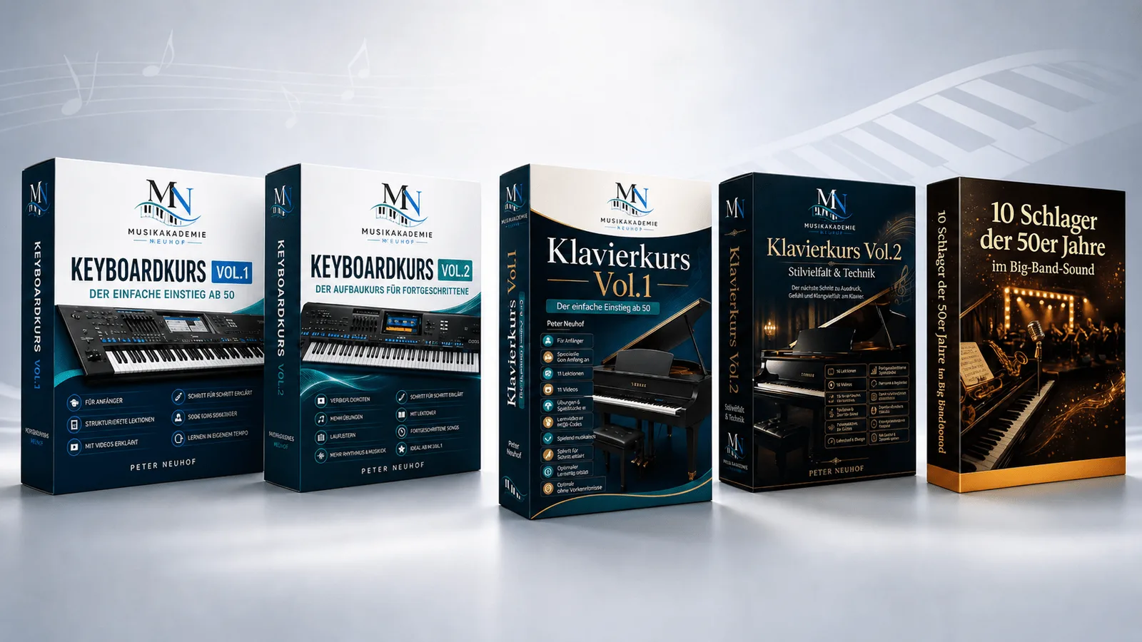 Fünf Produktboxen der Musikakademie Neuhof: Keyboardkurs Vol. 1 & 2, Klavierkurs Vol. 1 & 2 und 10 Schlager der 50er Jahre