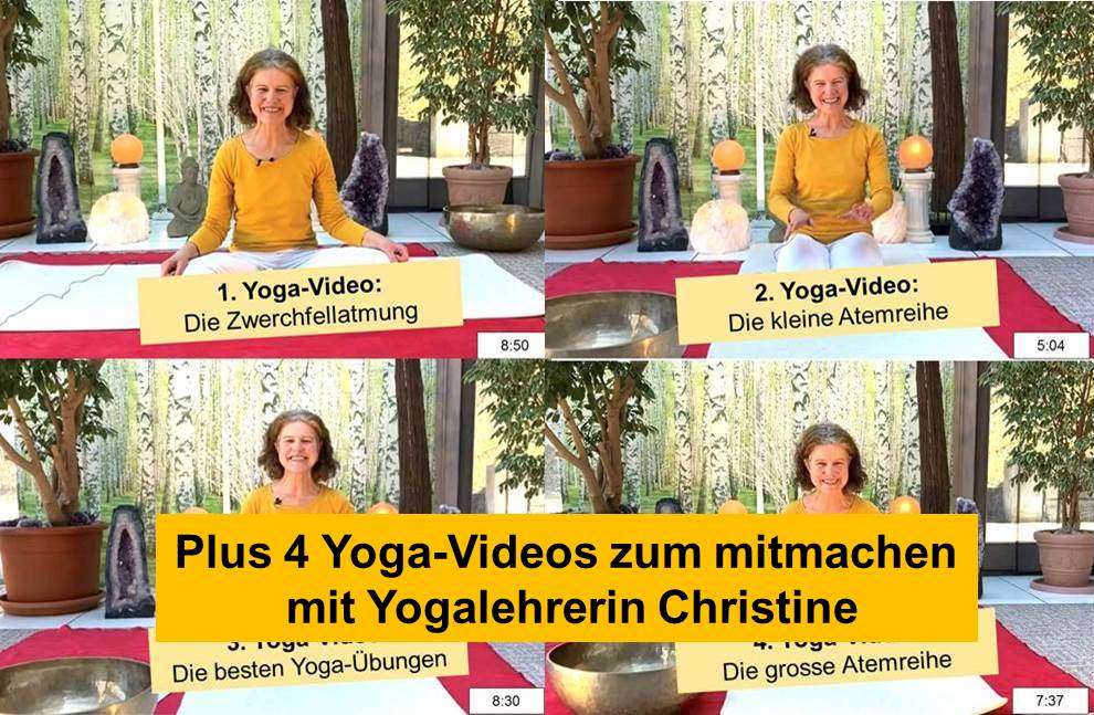 Yoga-Trainerin Christine in gelbem Oberteil zeigt vier verschiedene Yoga-Videos mit Titeln und Zeitangaben