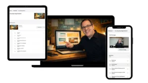 Easy Sales Page Kickstart Kurs-Dashboard mit Lektionsübersicht auf Tablet und Desktop-Mockup