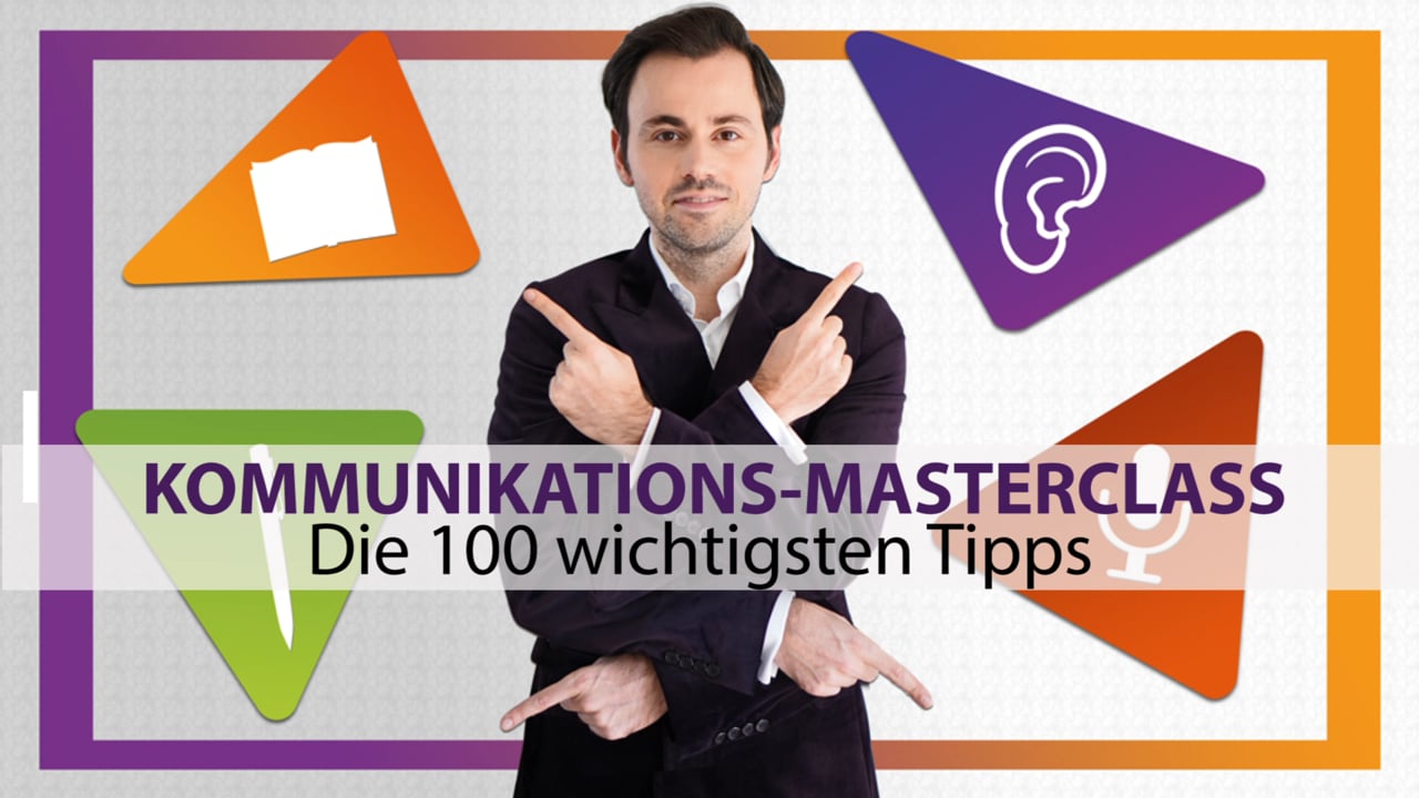 Videostandbild mit Kursleiter und Kommunikations-Icons, Text-Overlay