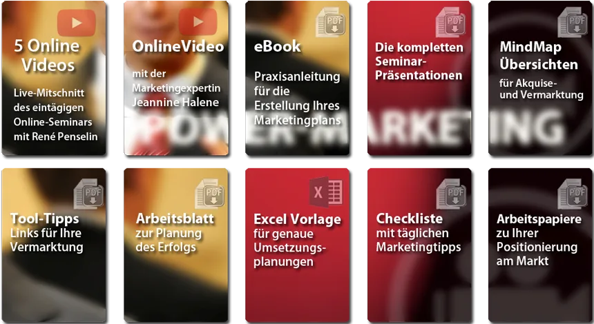 Übersicht zehn Produktmodule: 5 Online Videos, Online Video mit Marketingexpertin, eBook Praxisanleitung, Seminar-Präsentatio