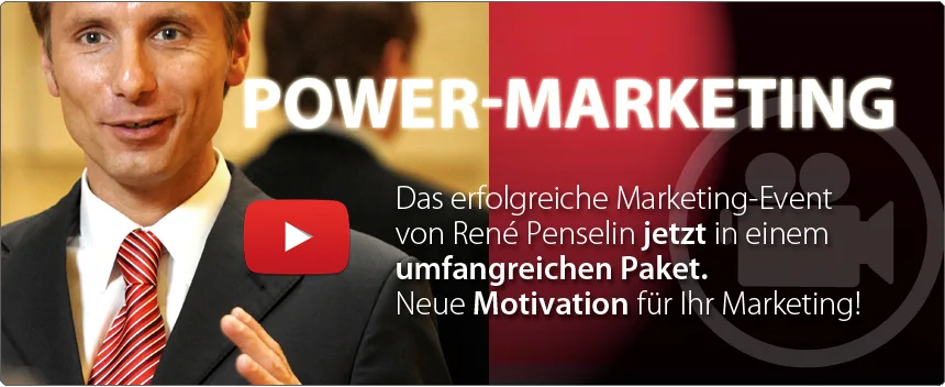 Hero-Banner Power-Marketing Online Day mit René Penselin im Anzug und Krawatte, Play-Button und Angebotsbeschreibung
