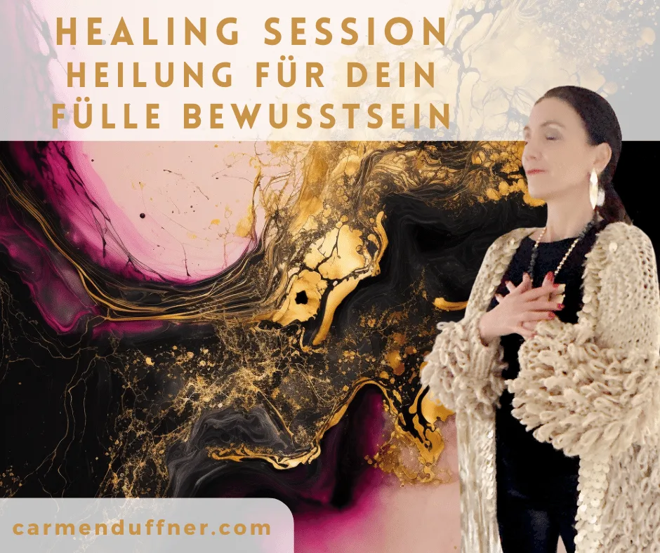 Healing Session Banner mit Frau vor abstrakt schwarz-goldenem Hintergrund, Text Heilung für dein Fülle Bewusstsein