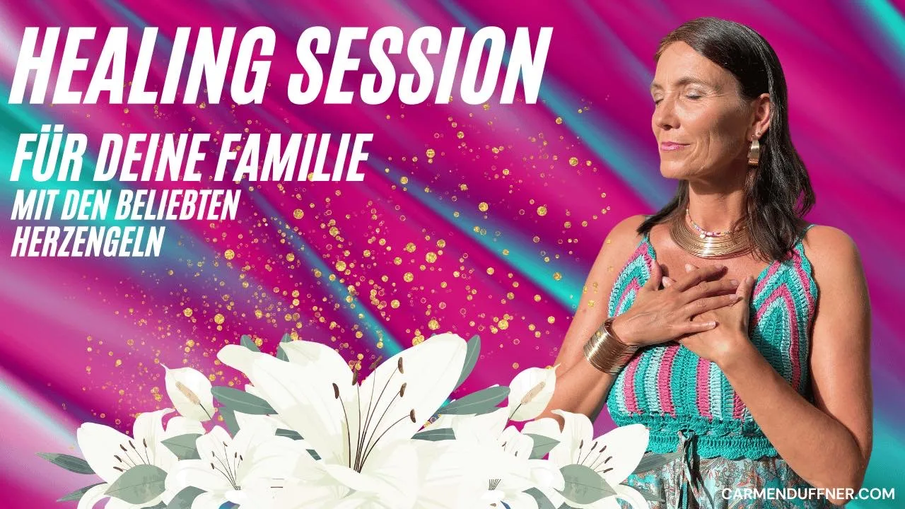 Healing Session Banner mit Frau vor magenta-türkisem Hintergrund, Text Heilung für deine Familie mit den beliebten Herzengeln