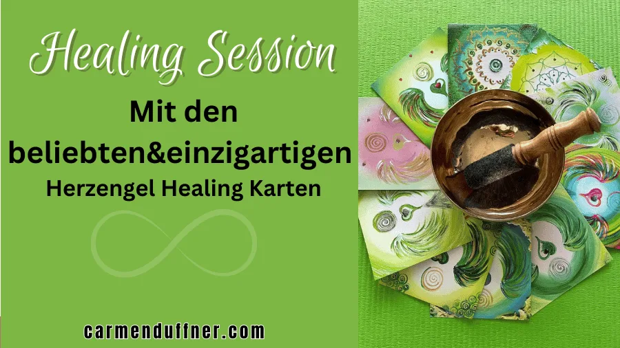 Healing Session Banner auf grünem Hintergrund mit Healing Karten und Schale, Text Mit den beliebten&einzigartigen Herzengel H