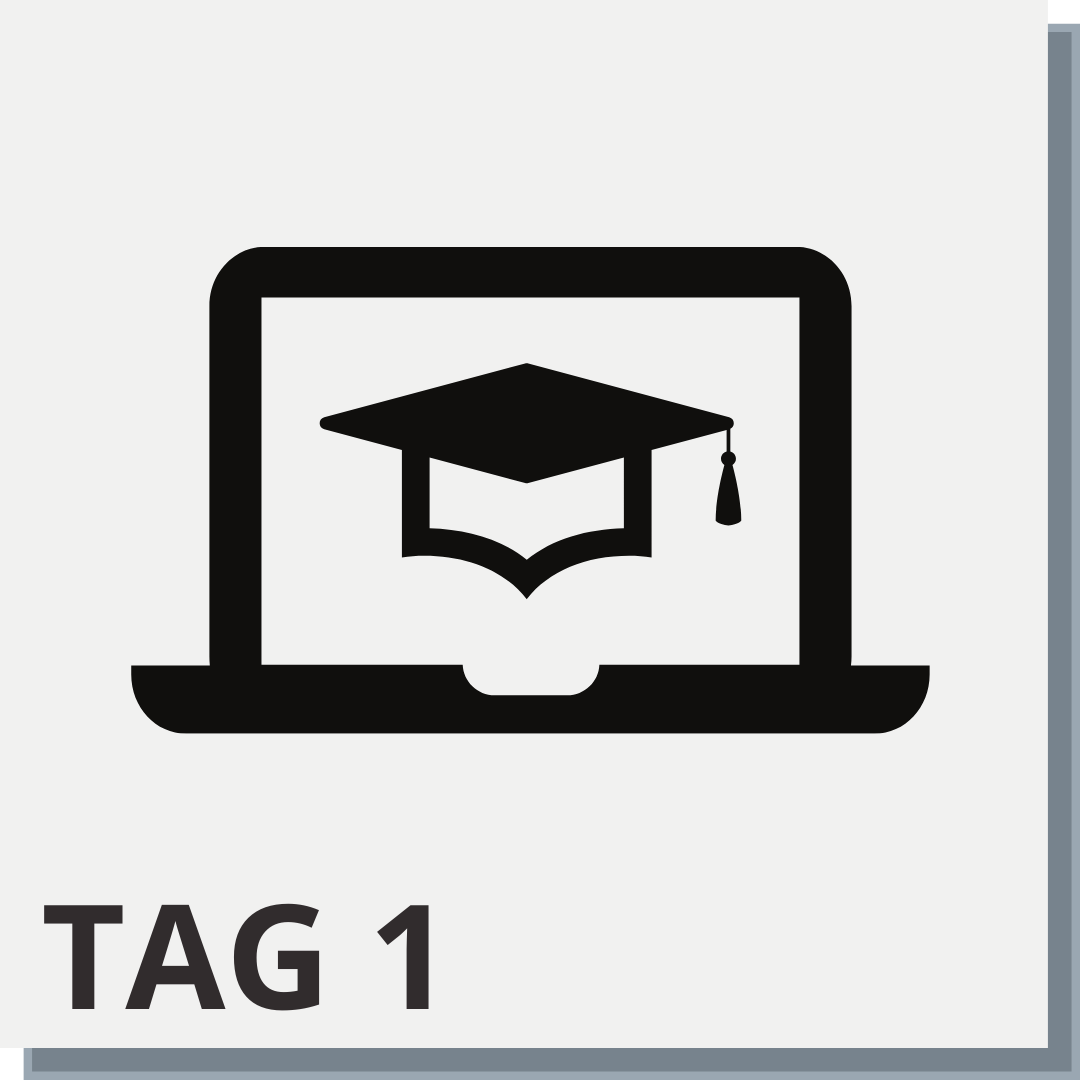 Tag 1 Icon: Laptop mit Abschluss-Kappe symbolisiert Online-Lernen