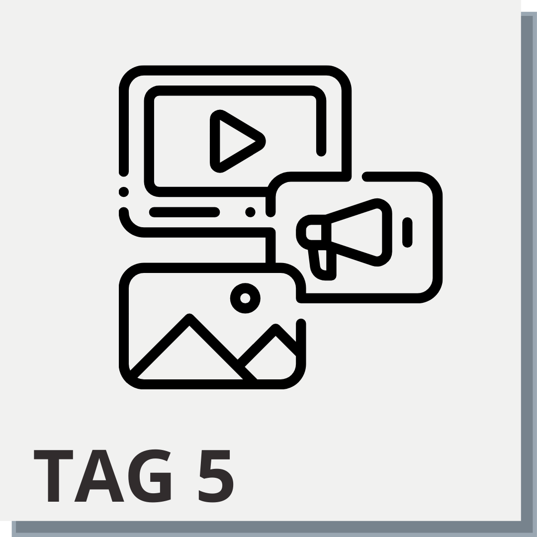 Tag 5 Icon: Monitor mit Lautsprecher und Video-Symbole für Content-Erstellung