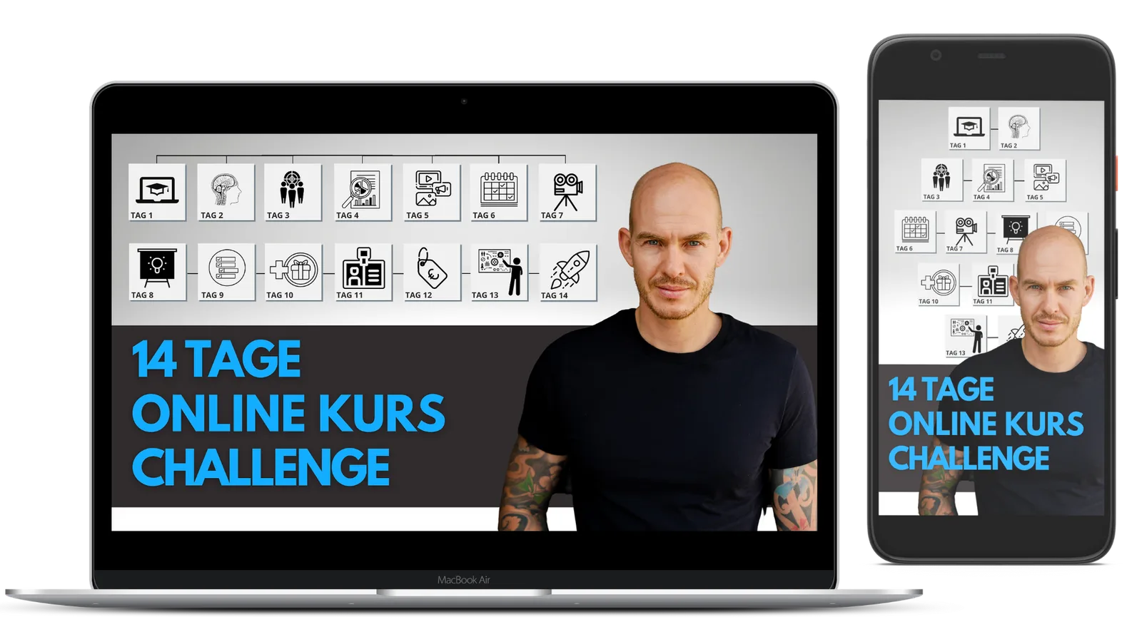 Mockup 14 Tage Online Kurs Challenge auf Laptop und Smartphone