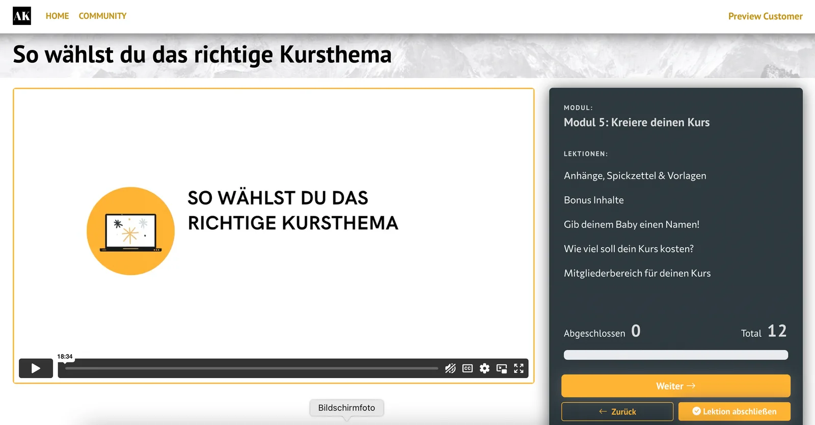 Screenshot Modul 5 Kursseite mit Lektionsübersicht