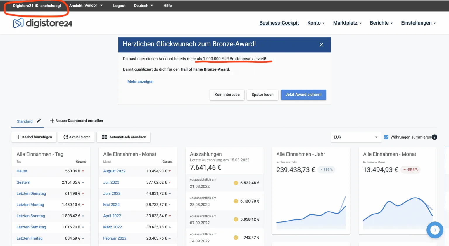 Digistore24 Dashboard Screenshot mit Bronze Award Benachrichtigung für 1 Million Euro Umsatz