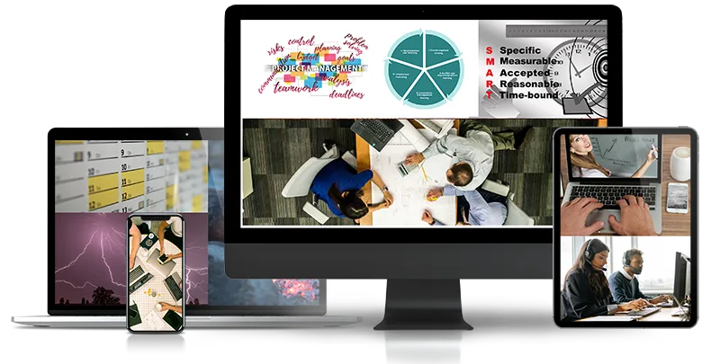 Mockup des Videokurses 15 Stolperfallen im Projekt auf verschiedenen Geräten mit Inhaltsübersichten und Teamfotos