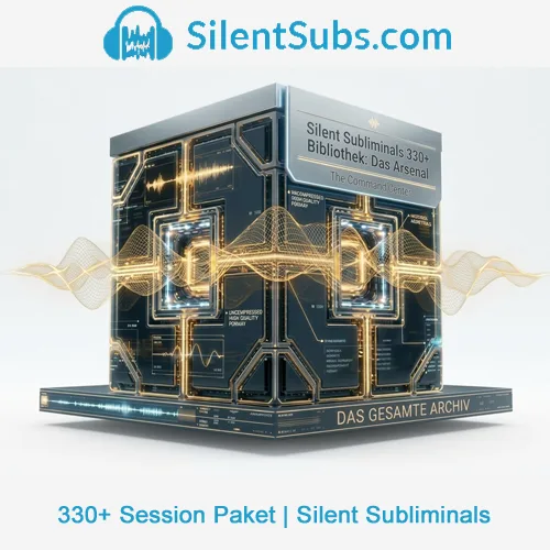 Futuristischer Würfel mit goldenen Lichtmustern und SilentSubs.com Logo, Symbol für 330+ Session Paket