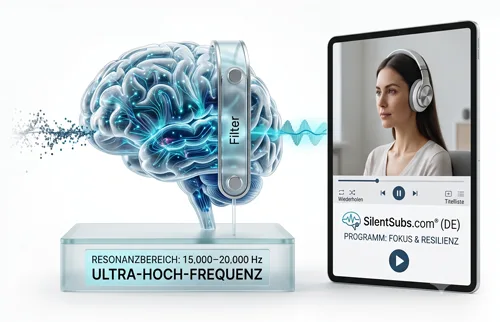 Gehirn mit blauem Filter-Symbol und Frau mit Kopfhörern auf Smartphone-Screen, Ultra-Hochfrequenz-Anzeige