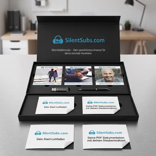 Schwarze Luxus-Box mit SilentSubs.com Branding, aufgeklappt mit Inhaltsübersicht und Starterbegleitung