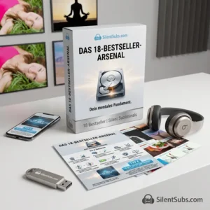 Das 18-Bestseller-Arsenal Produktbox mit Smartphone, Kopfhörern und Infomaterial auf weißem Tisch