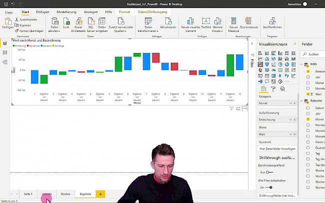 Power BI Dashboard mit farbigem Balkendiagramm und Visualisierungskatalog, Person im Video präsentiert