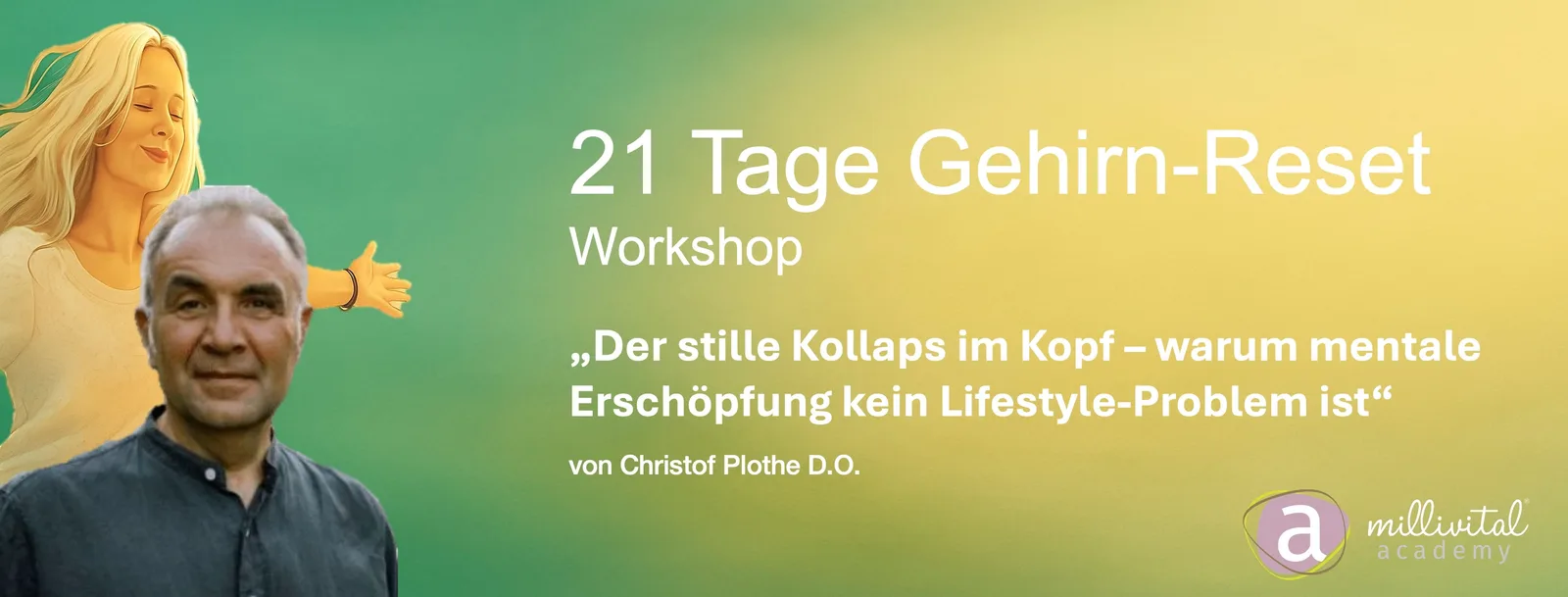 Hero-Banner zum 21 Tage Gehirn-Reset Workshop von Christof Plothe D.O. mit Farbverlauf und zwei Personen