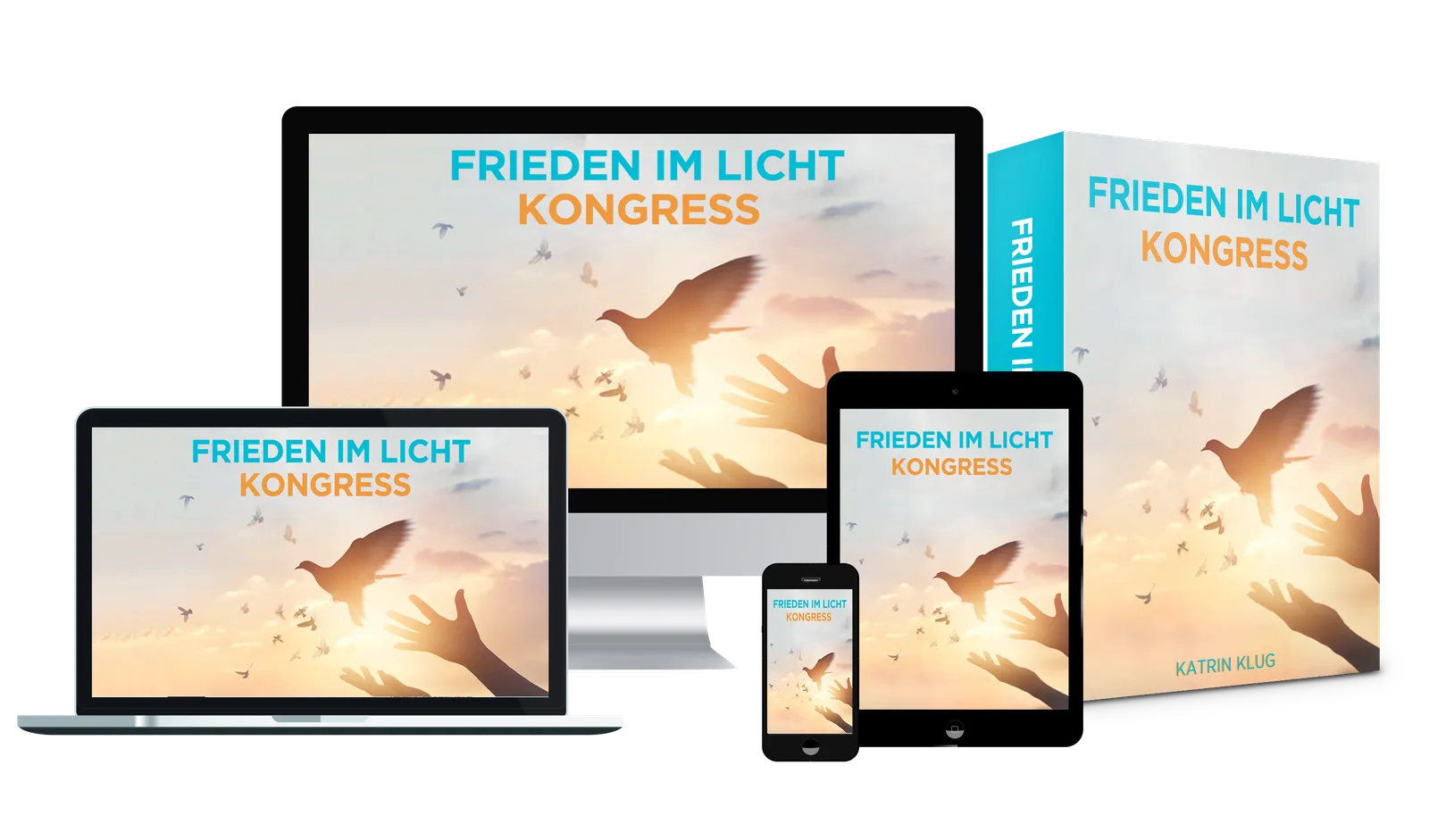 Mockup: Frieden im Licht Kongress Bundle mit Box, Laptop, Tablet und Smartphone Darstellung