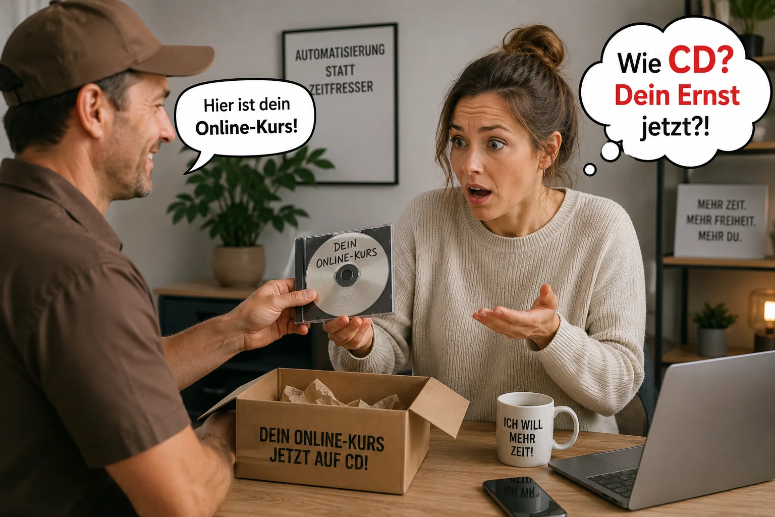 Mann und Frau mit CD-ROM, humorvolle Szene über veraltete Kursformate vs. Online-Kurse