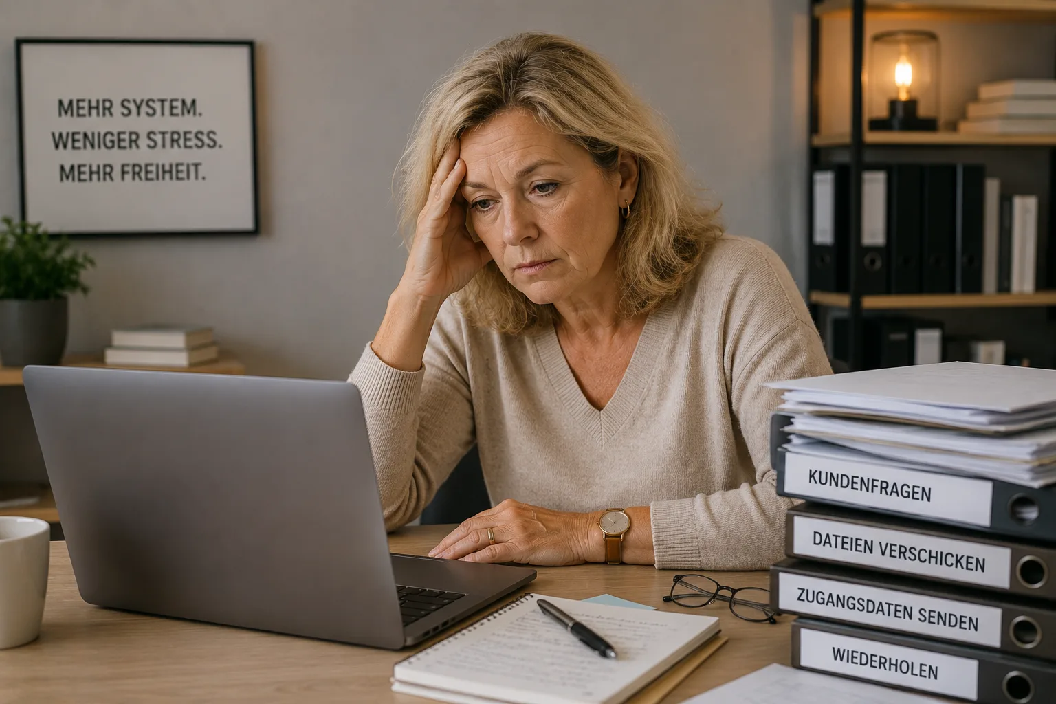 Ältere Frau am Laptop mit Stressgesten und Papierstapeln, demonstriert Überbelastung