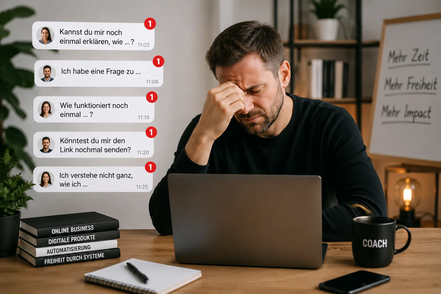 Gestresster Mann am Laptop mit Messaging-Benachrichtigungen, symbolisiert Hamsterrad und ständige Erreichbarkeit