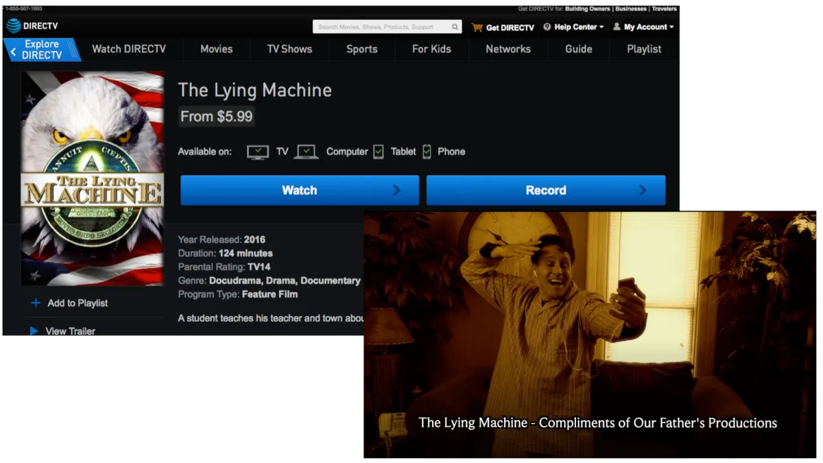 21st Century Survival Kit – Videokurs zur Medienkritik 8 DIRECTV-Screenshot zeigt Filmdetails "The Lying Machine" (2016, 124 Min., TV14) mit Eagle-Logo, Watch und Record Buttons, Fil