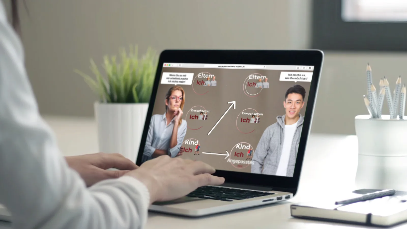Laptop-Bildschirm zeigt Eltern-Kind-Entwicklungsmodell mit Grafiken und handelsüblichen Personen